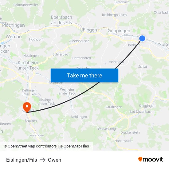 Eislingen/Fils to Owen map