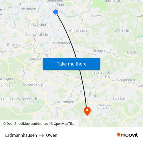 Erdmannhausen to Owen map