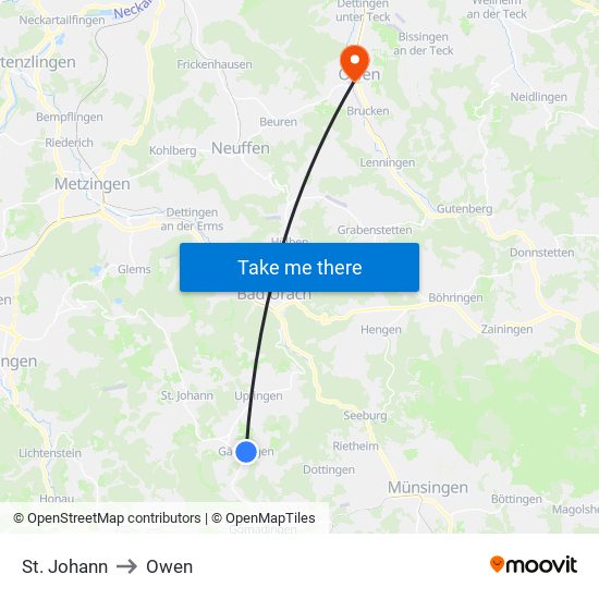 St. Johann to Owen map