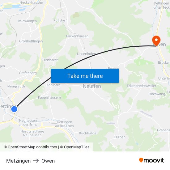 Metzingen to Owen map