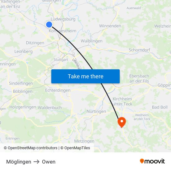 Möglingen to Owen map