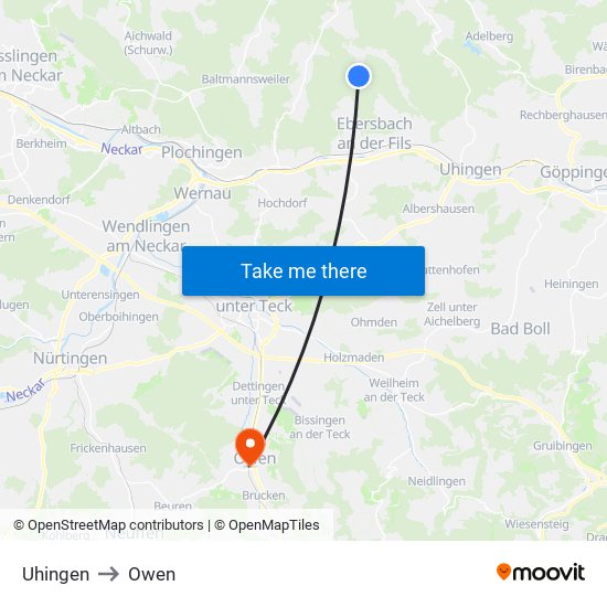 Uhingen to Owen map