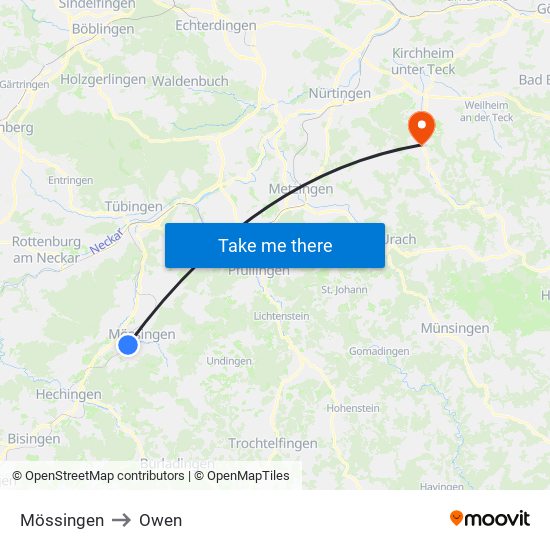 Mössingen to Owen map