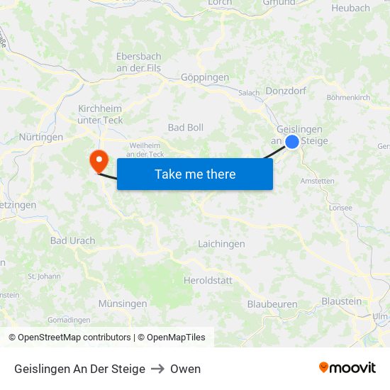 Geislingen An Der Steige to Owen map