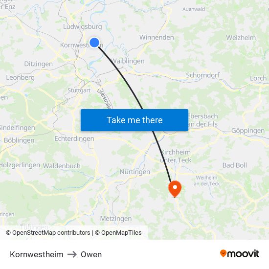 Kornwestheim to Owen map