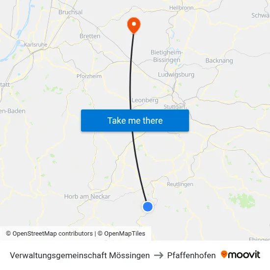 Verwaltungsgemeinschaft Mössingen to Pfaffenhofen map