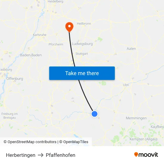 Herbertingen to Pfaffenhofen map