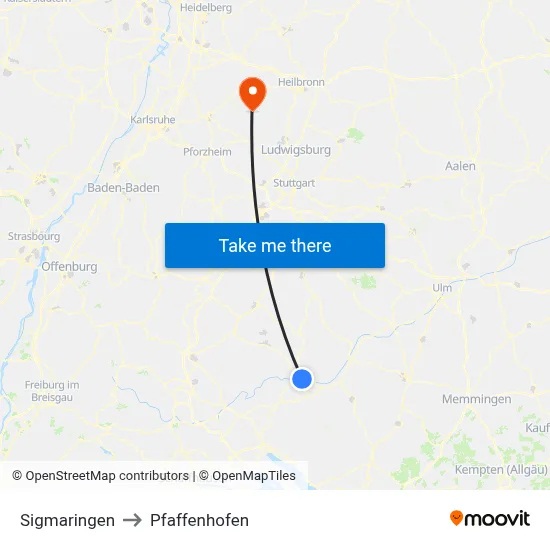 Sigmaringen to Pfaffenhofen map