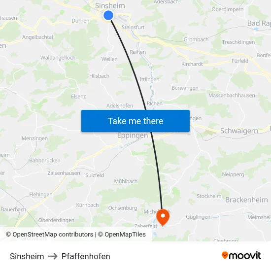 Sinsheim to Pfaffenhofen map