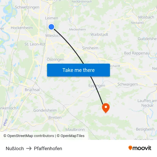 Nußloch to Pfaffenhofen map