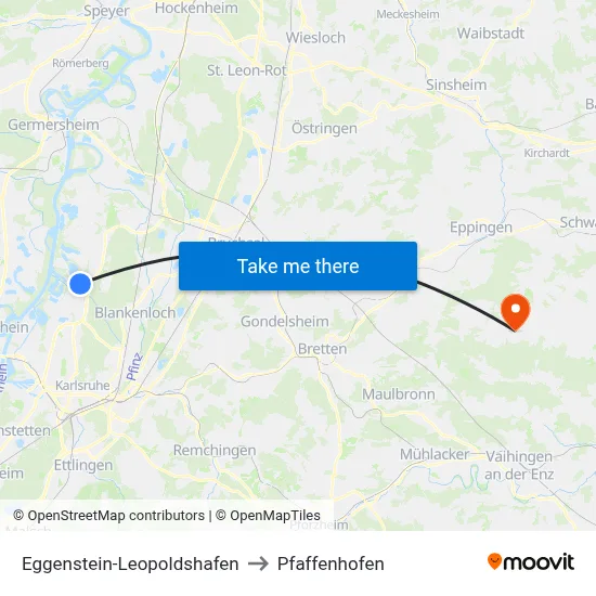 Eggenstein-Leopoldshafen to Pfaffenhofen map