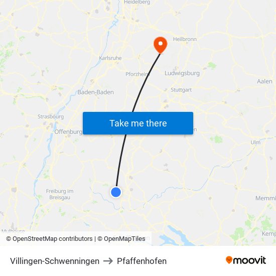 Villingen-Schwenningen to Pfaffenhofen map