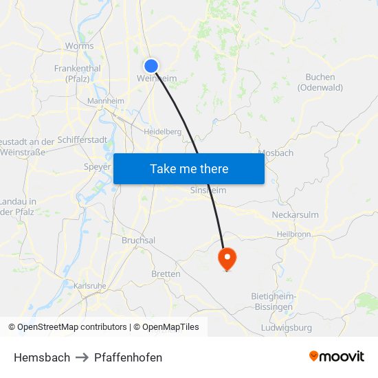 Hemsbach to Pfaffenhofen map