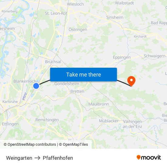 Weingarten to Pfaffenhofen map