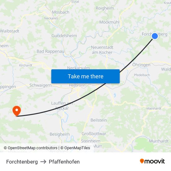 Forchtenberg to Pfaffenhofen map