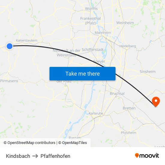 Kindsbach to Pfaffenhofen map