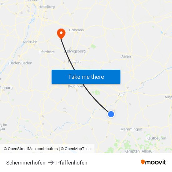 Schemmerhofen to Pfaffenhofen map