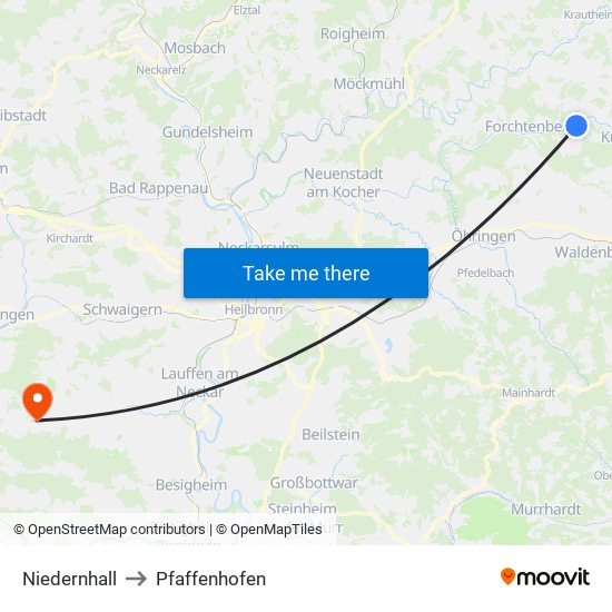 Niedernhall to Pfaffenhofen map