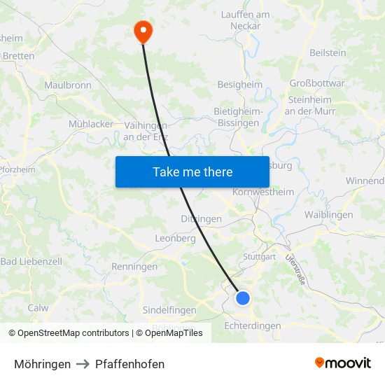 Möhringen to Pfaffenhofen map
