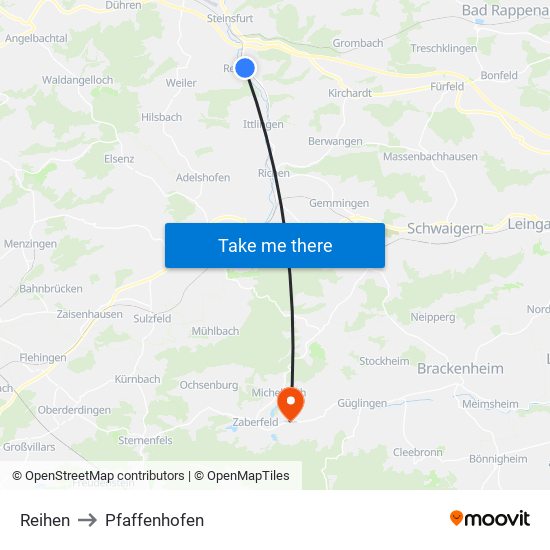Reihen to Pfaffenhofen map
