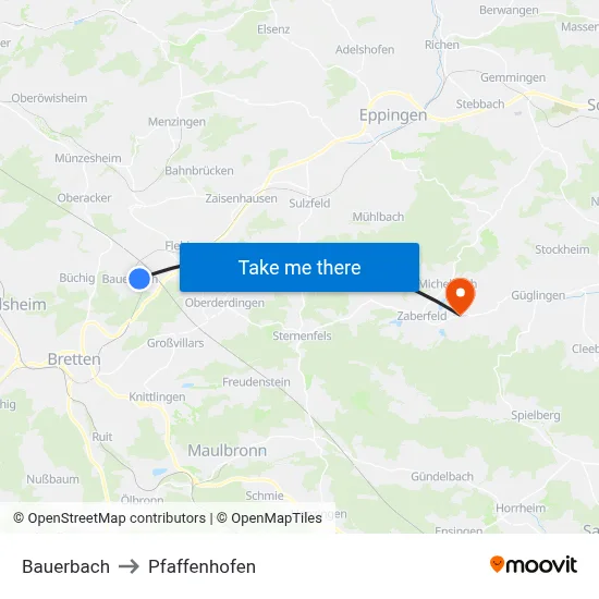 Bauerbach to Pfaffenhofen map