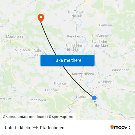 Untertürkheim to Pfaffenhofen map