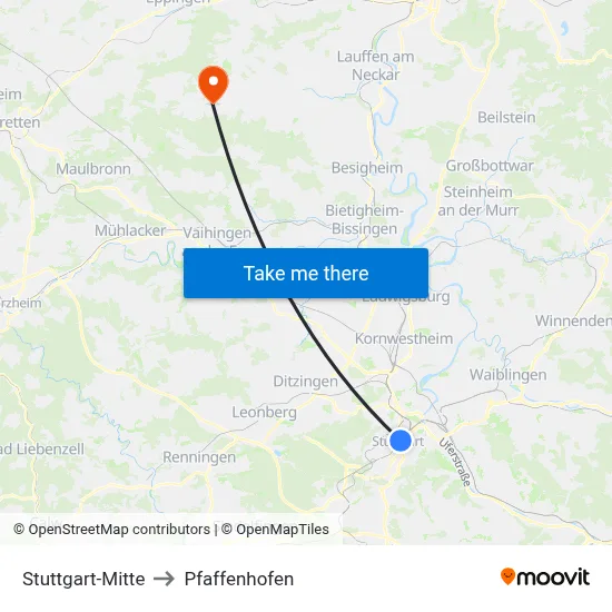 Stuttgart-Mitte to Pfaffenhofen map