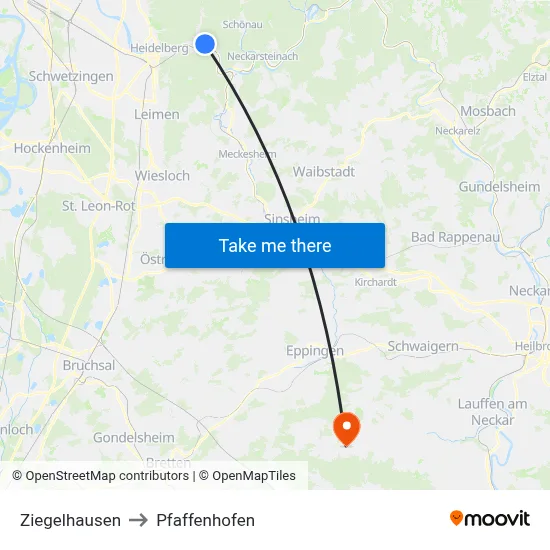 Ziegelhausen to Pfaffenhofen map