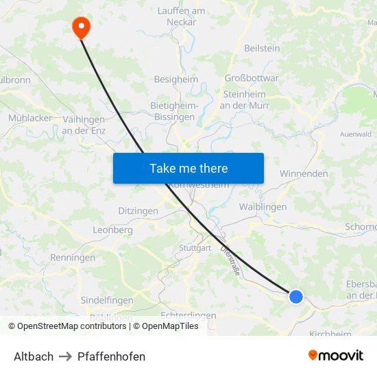 Altbach to Pfaffenhofen map