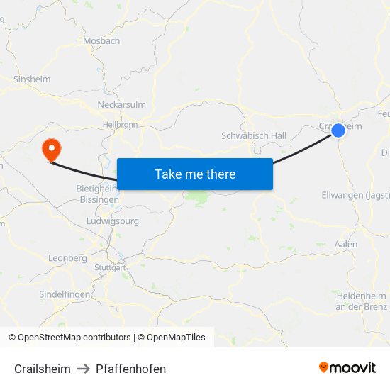 Crailsheim to Pfaffenhofen map