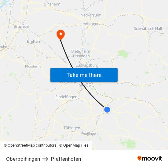 Oberboihingen to Pfaffenhofen map