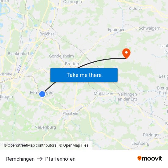 Remchingen to Pfaffenhofen map