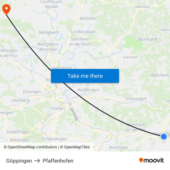 Göppingen to Pfaffenhofen map