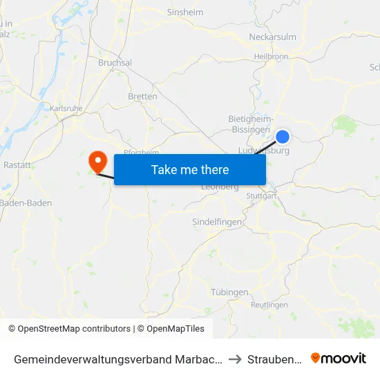 Gemeindeverwaltungsverband Marbach am Neckar to Straubenhardt map