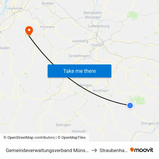 Gemeindeverwaltungsverband Münsingen to Straubenhardt map