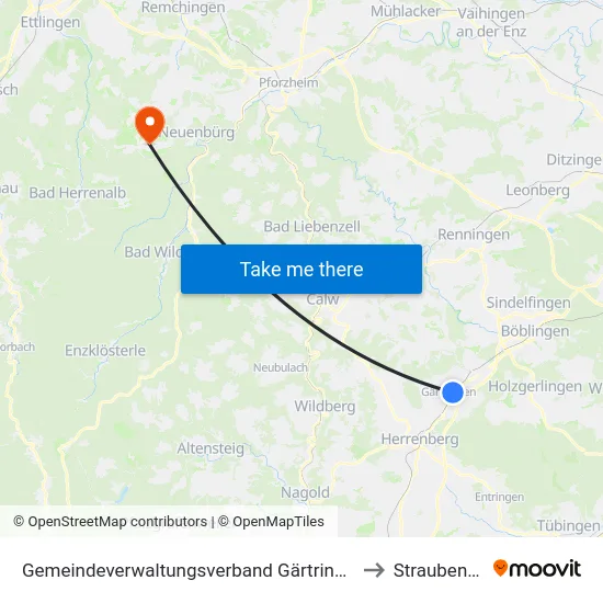 Gemeindeverwaltungsverband Gärtringen/Ehningen to Straubenhardt map