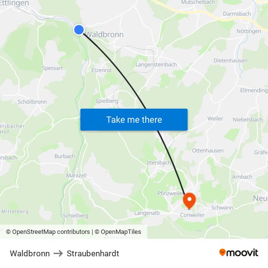 Waldbronn to Straubenhardt map