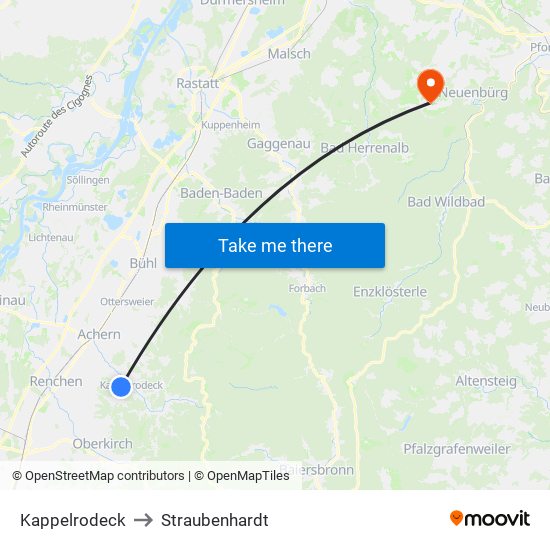 Kappelrodeck to Straubenhardt map