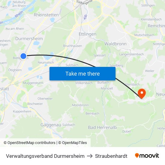 Verwaltungsverband Durmersheim to Straubenhardt map