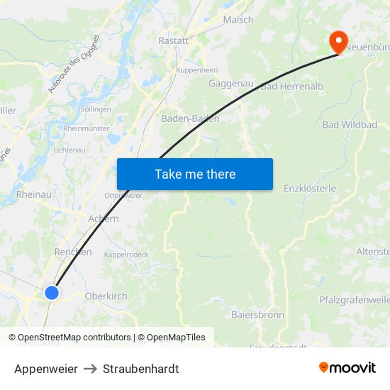 Appenweier to Straubenhardt map