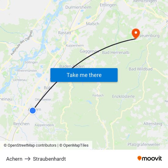 Achern to Straubenhardt map