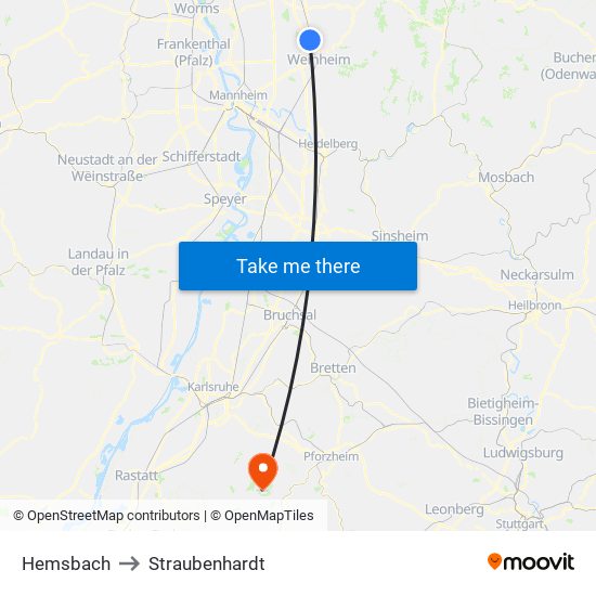 Hemsbach to Straubenhardt map