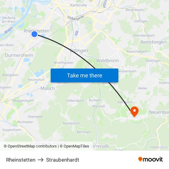 Rheinstetten to Straubenhardt map