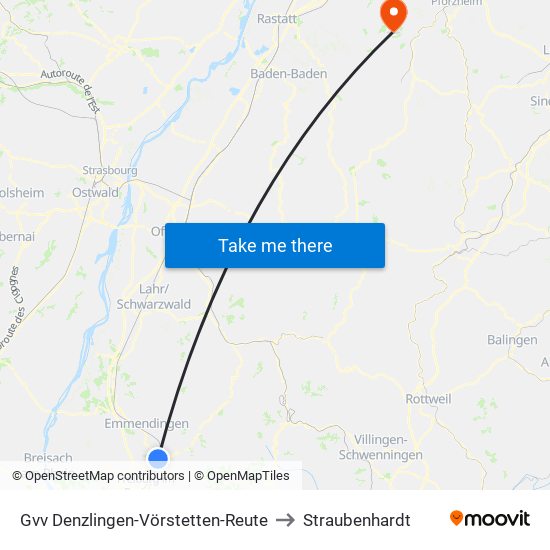 Gvv Denzlingen-Vörstetten-Reute to Straubenhardt map