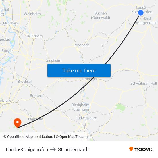 Lauda-Königshofen to Straubenhardt map