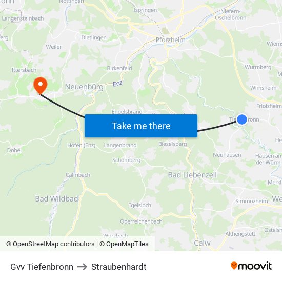 Gvv Tiefenbronn to Straubenhardt map