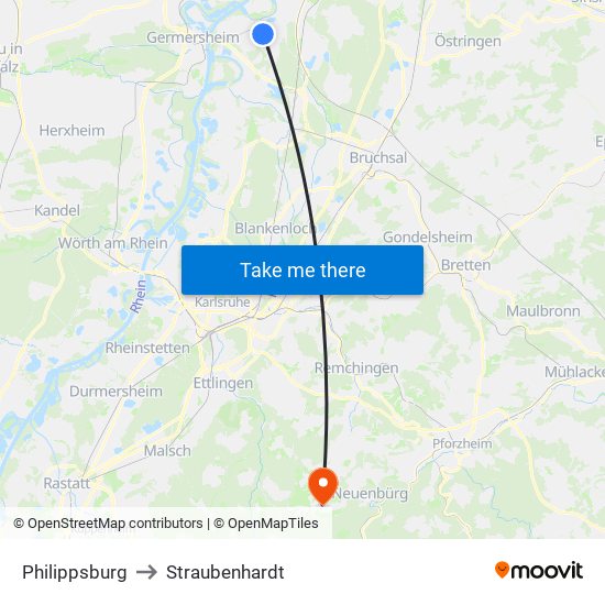 Philippsburg to Straubenhardt map