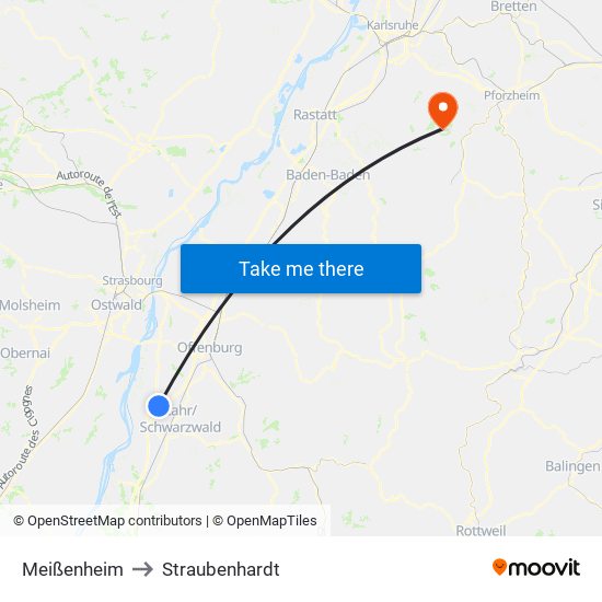 Meißenheim to Straubenhardt map