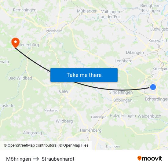 Möhringen to Straubenhardt map