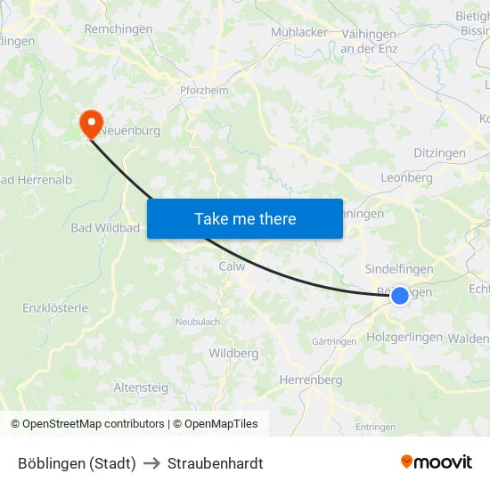 Böblingen (Stadt) to Straubenhardt map